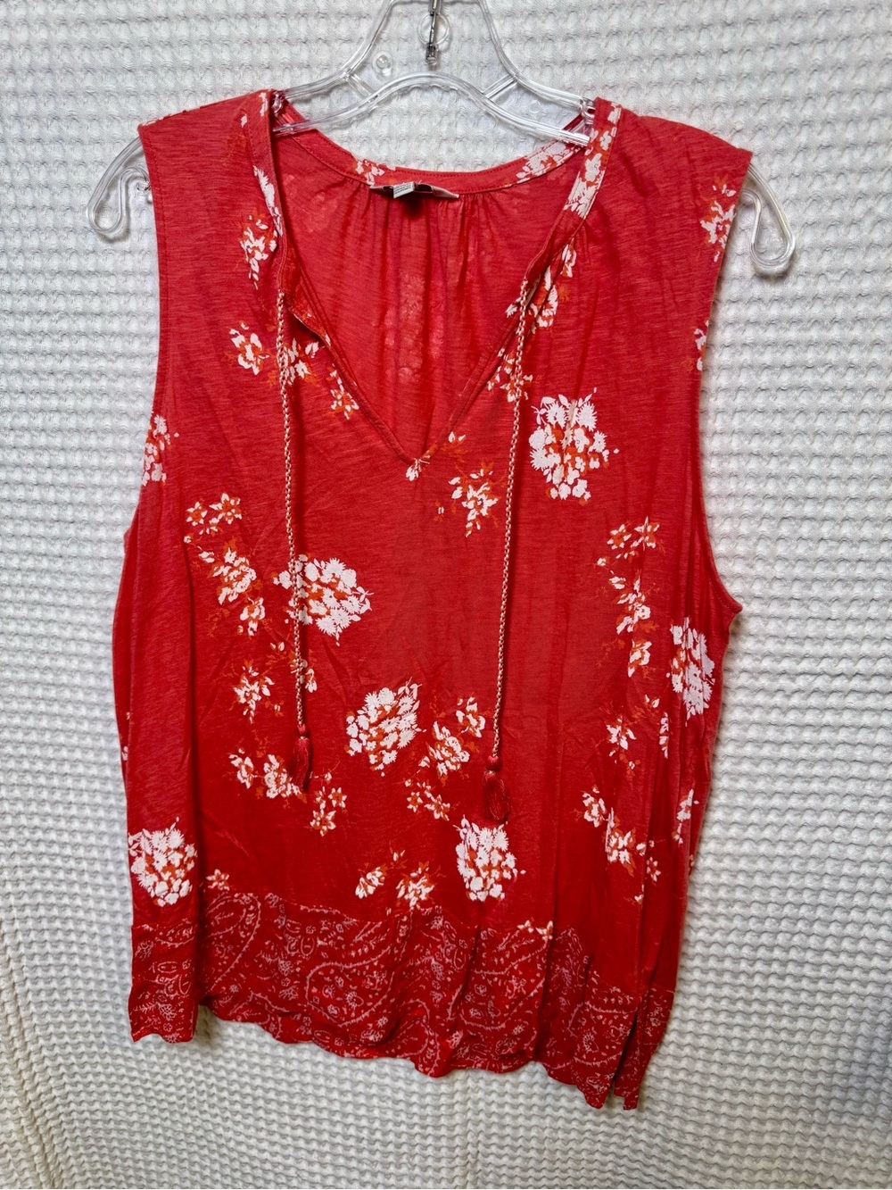 Lucky Brand Boho Floral Paisley Border Sleeveless Knit Shirt, Size Large